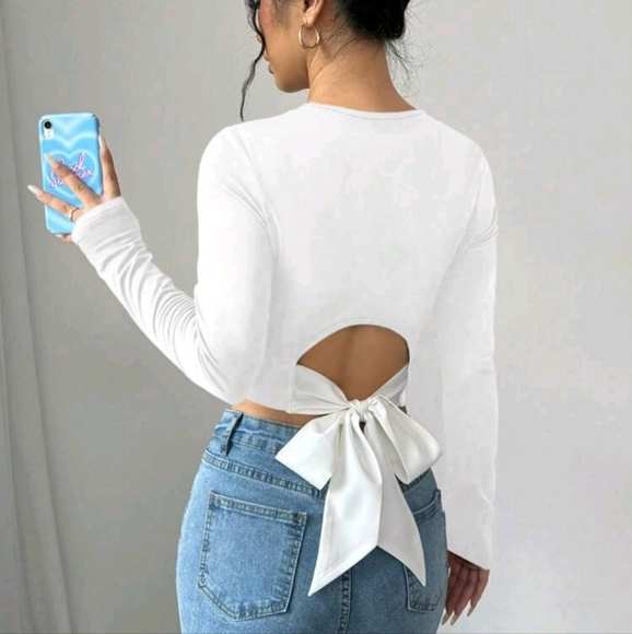 Women's Solid Color Round Neck Back Tie Slim Long Sleeve T-Shirt - Picture 2 of 3